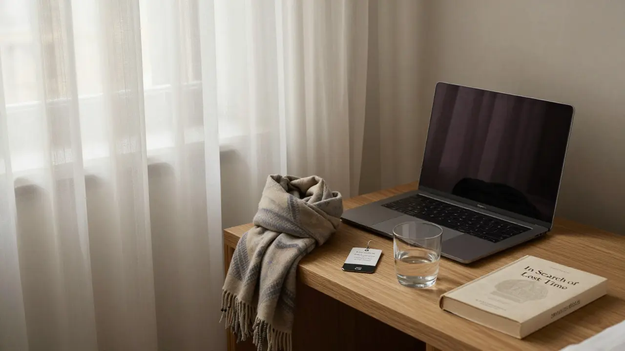 A serene hotel room in Paris with a folded scarf, keycard, and book on the nightstand — no people, only traces of intimacy.