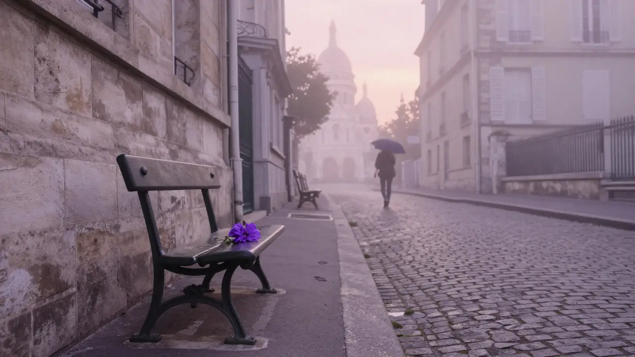 A single violet left on a bench in Montmartre at dawn, symbolizing quiet, unseen affection.