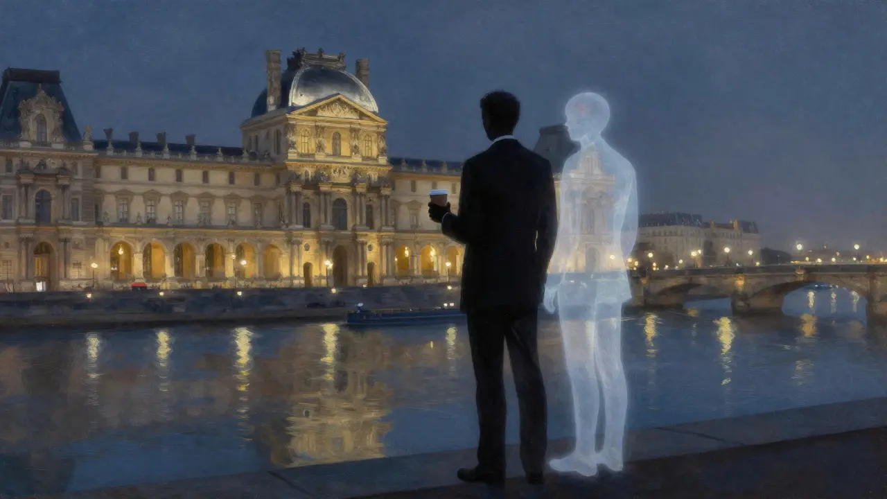 A solitary business traveler at the Seine, accompanied by an ethereal presence symbolizing connection.