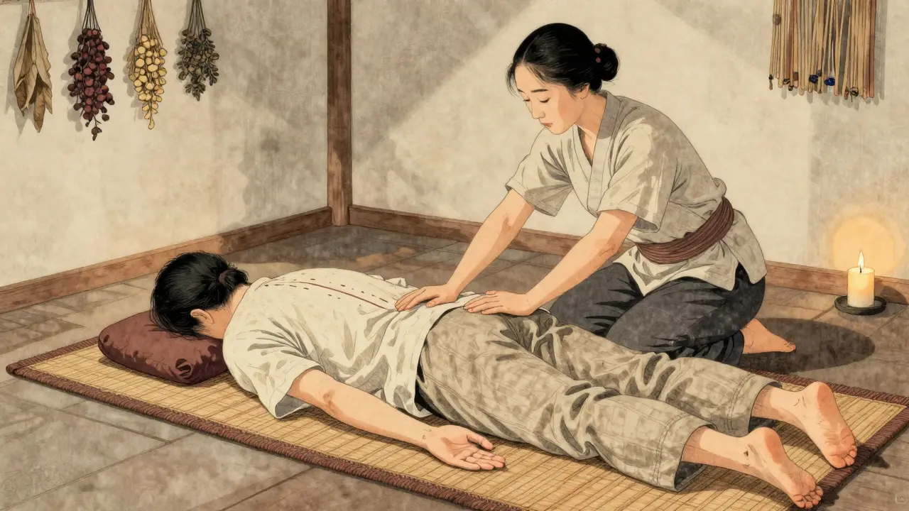 A Thai massage session with therapist guiding a client through gentle stretches on a mat.