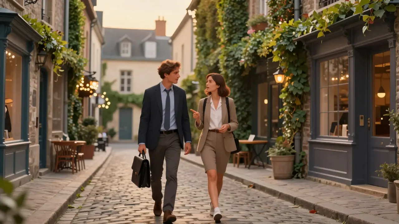 A traveler and companion strolling through a cozy alley in Le Marais during golden hour.