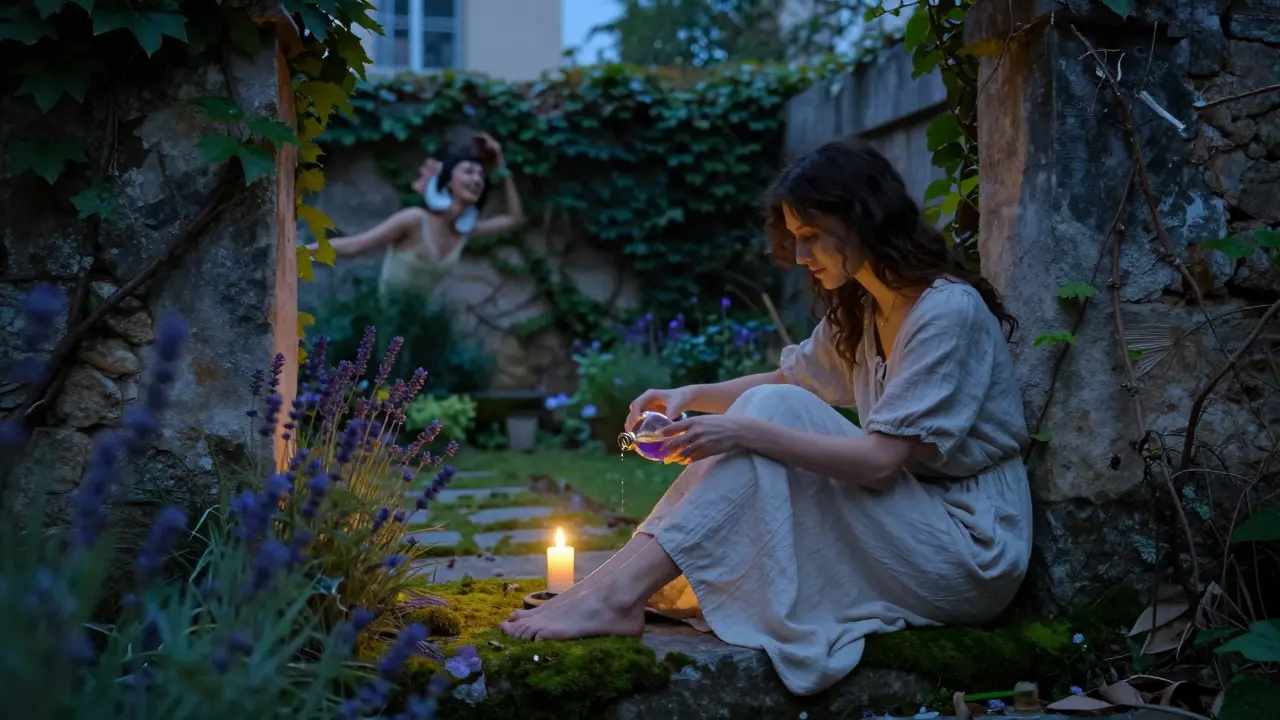 A woman pouring lavender oil in a hidden garden retreat at twilight, surrounded by ivy and candlelight.