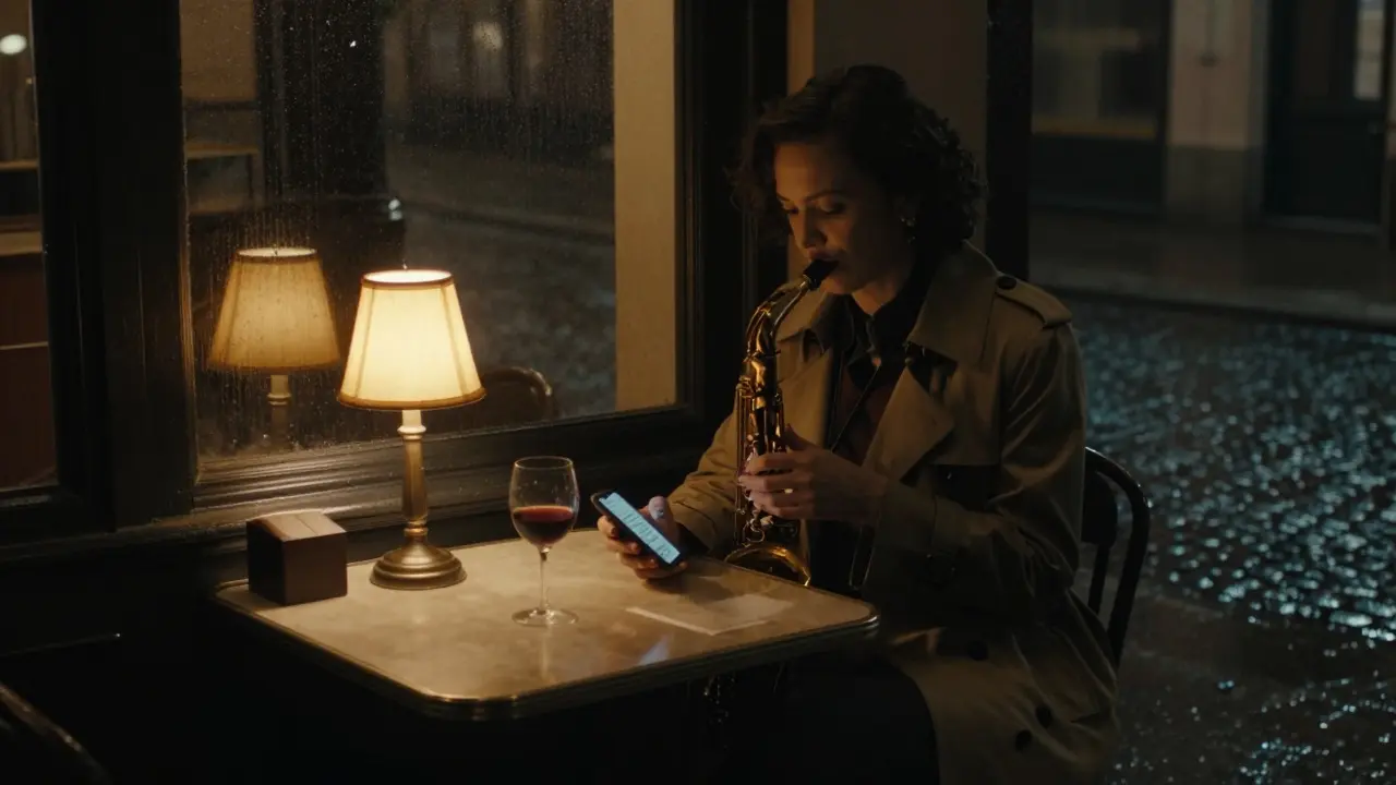 A woman sits alone in a jazz cellar at night, phone glowing beside her wine glass.
