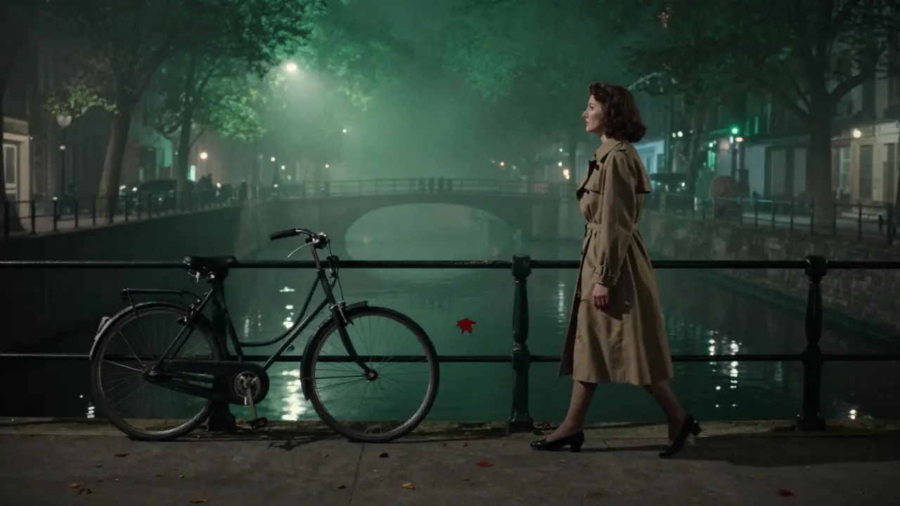 A woman walks alone beside a canal at night, her reflection shimmering in the water under foggy moonlight.