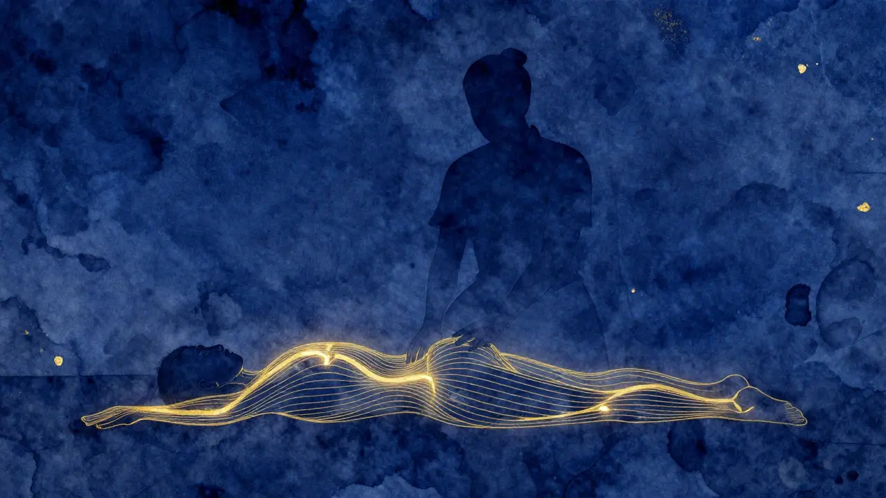 Abstract golden energy lines flowing through a human body during Thai massage, surrounded by motion.