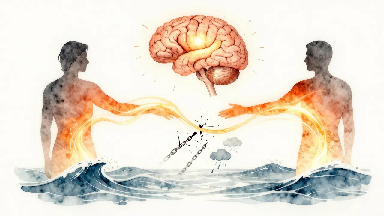 Abstract representation of healing through touch, showing warmth and light connecting two figures with biological effects.