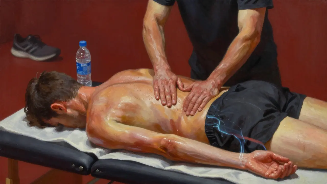An athlete receiving body-to-body massage after a marathon, with therapeutic pressure on hamstrings and lower back.
