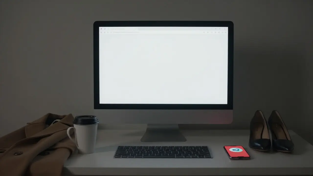 An empty apartment desk with a laptop showing a closed escort ad, coffee cup, and high heels nearby.