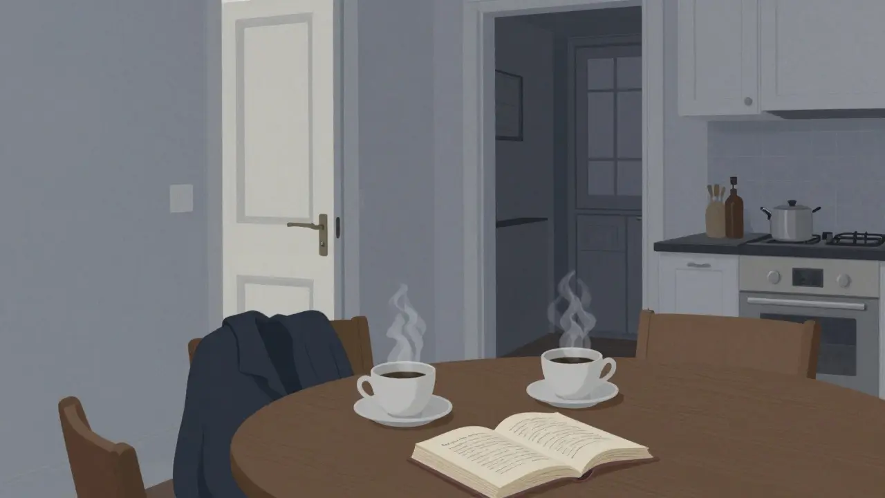 An empty Parisian kitchen at dawn with two coffee cups and an open book on the table.