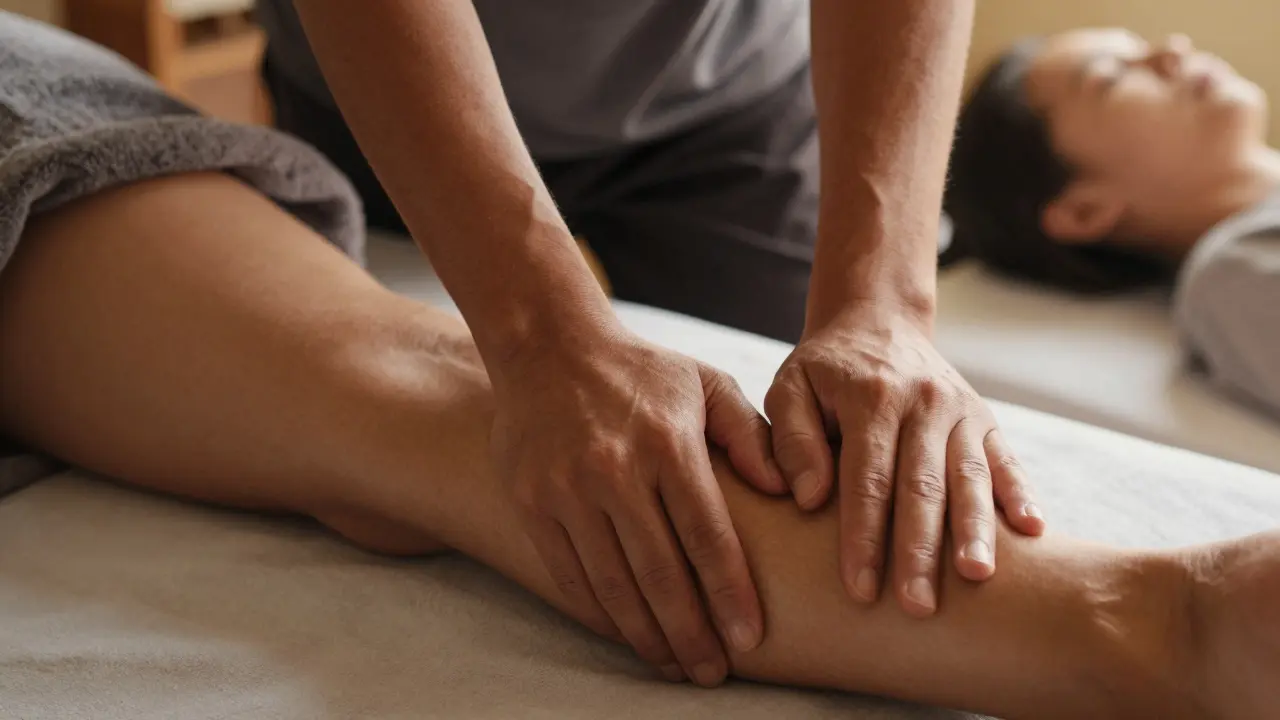 Close-up of therapist&#039;s hands applying acupressure along a client&#039;s leg during a session.