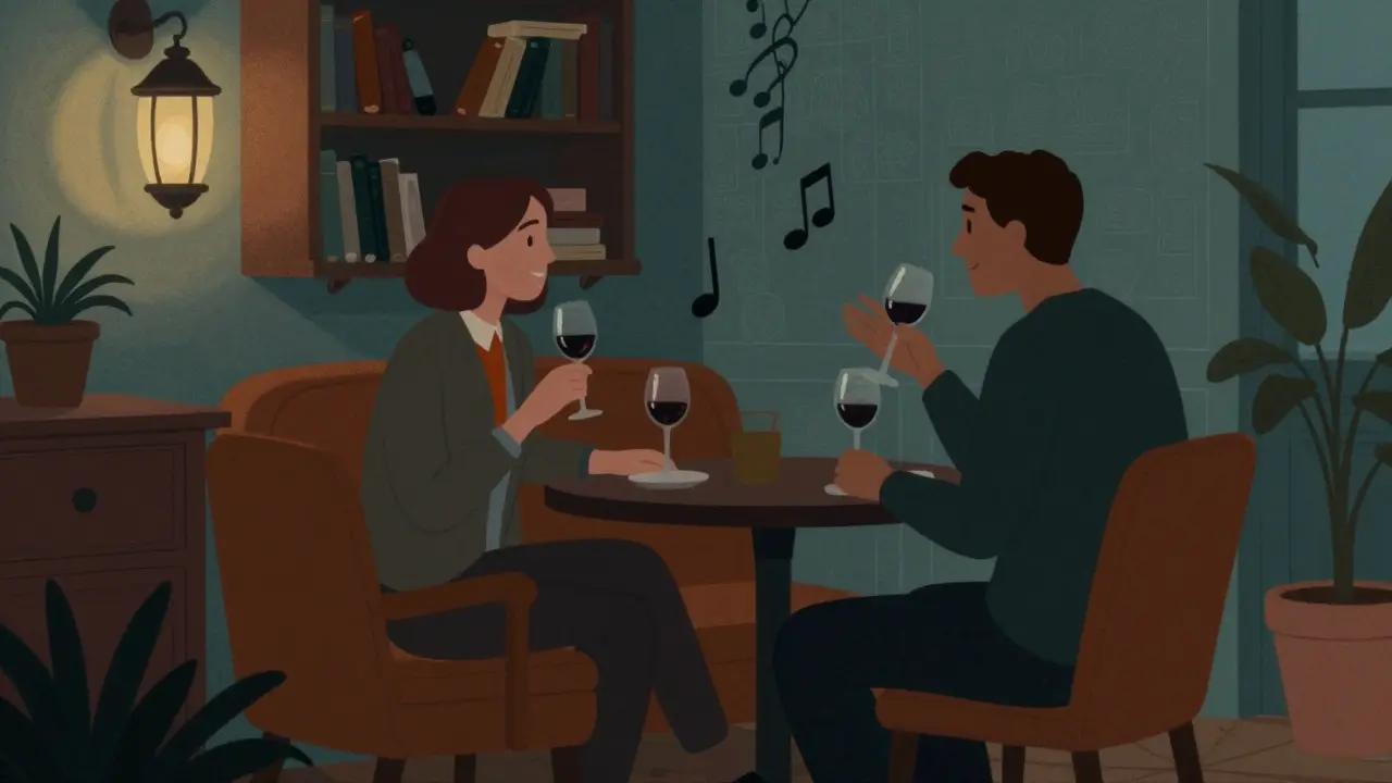 Couples chatting softly over wine at a bohemian Paris lounge with jazz ambiance.