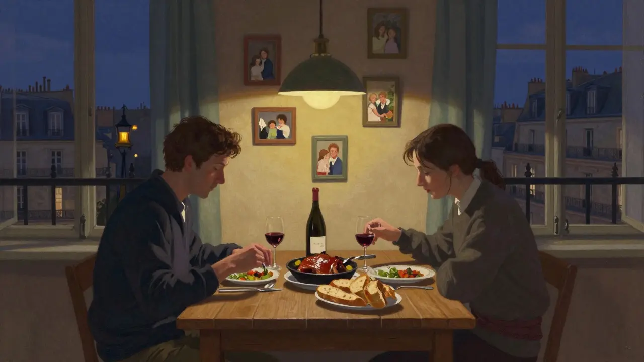 Couples sharing a home-cooked French dinner in a warm, softly lit apartment.
