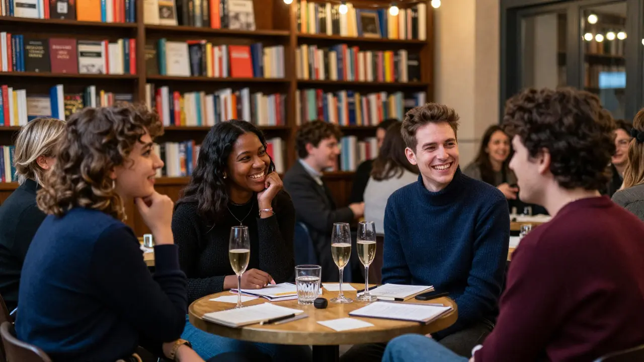 Diverse friends laughing at a poetry night in La Bellevilloise, sipping Champagne under string lights.