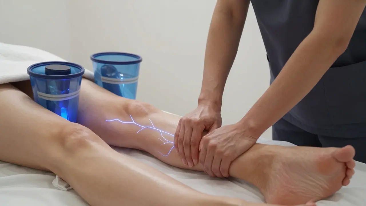 Lymphatic drainage massage with subtle glowing light tracing fluid flow beneath the skin.