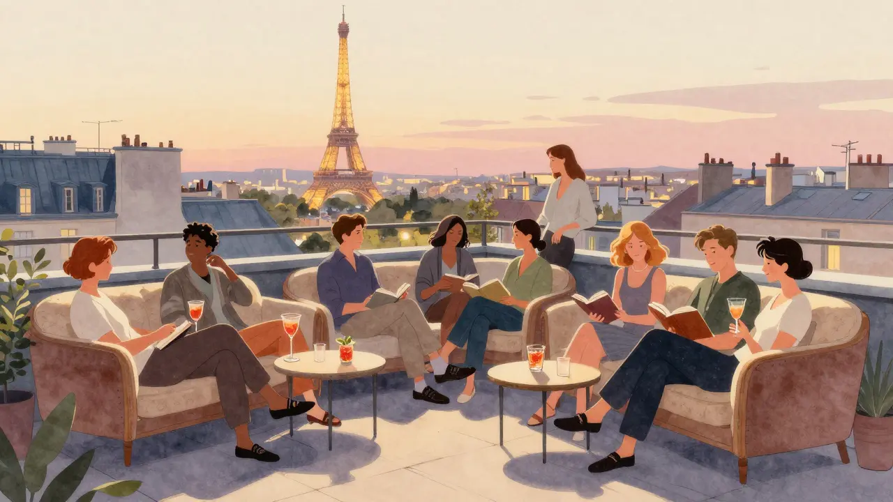 People relaxing on a Paris rooftop at twilight, Eiffel Tower glowing in the distance, no phones visible.