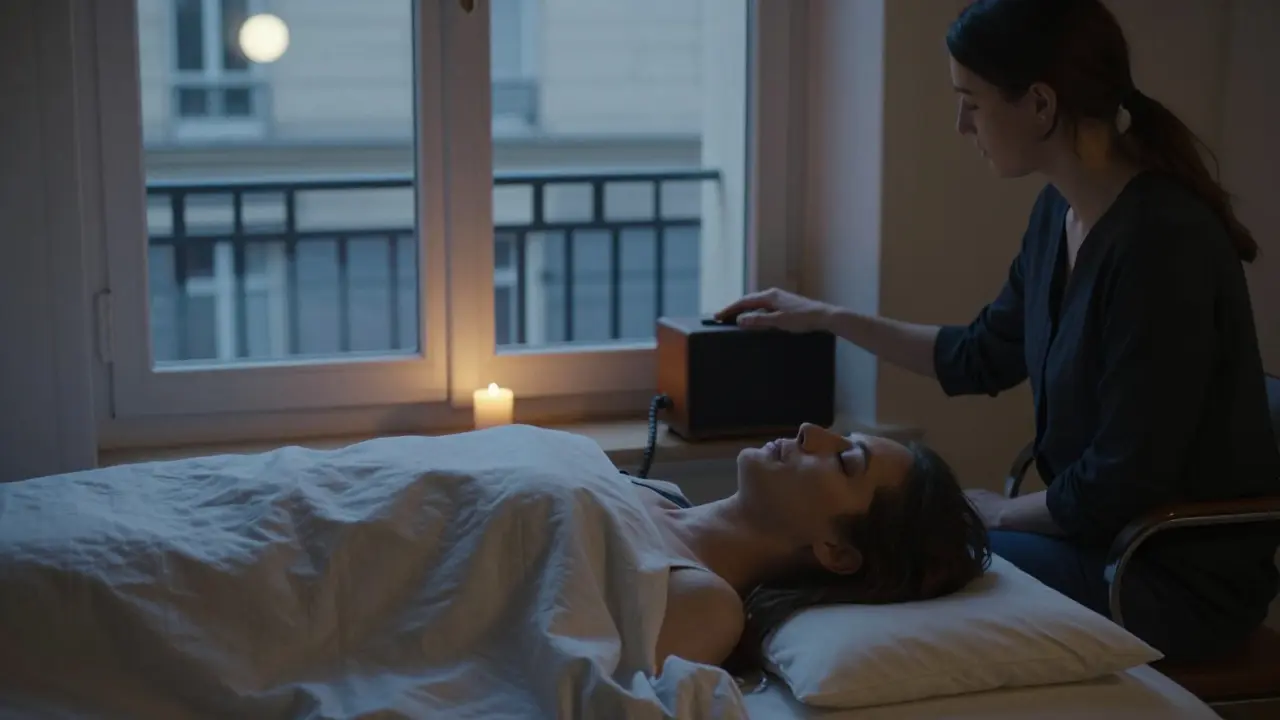 Quiet aftermath of a massage: client at peace, speaker off, candle flickering in twilight.