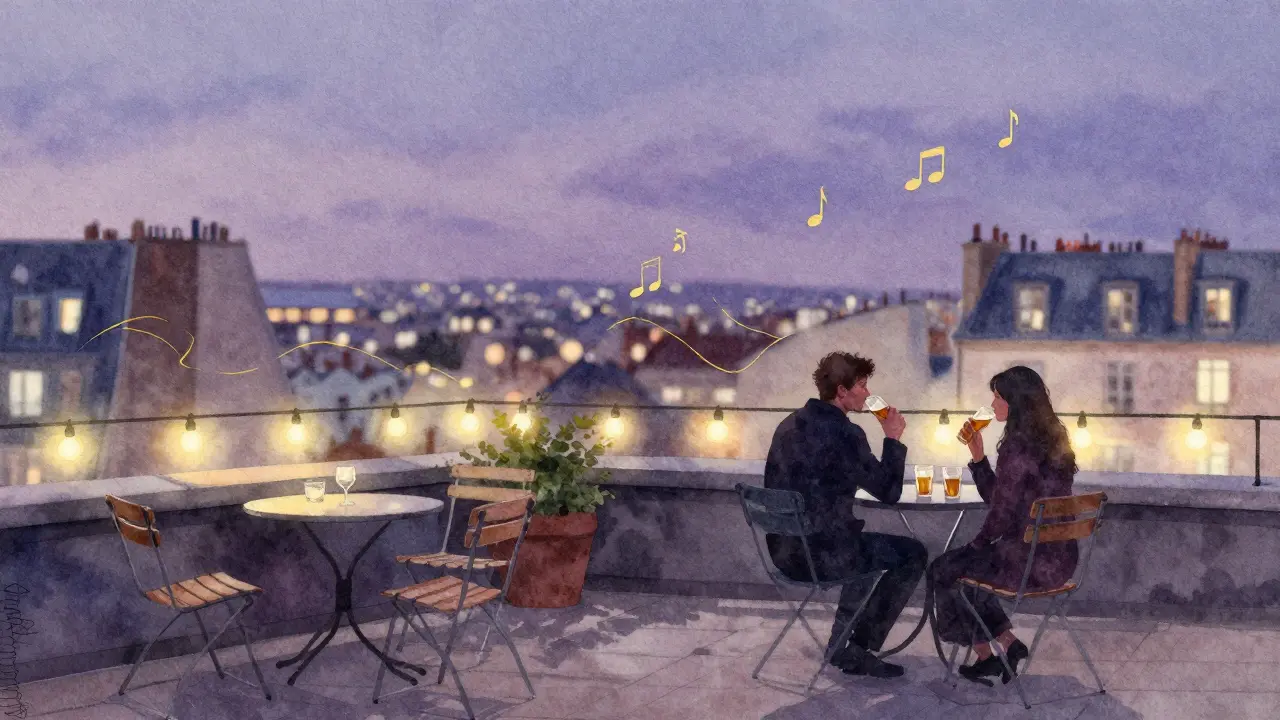 Silhouetted figures on a hidden rooftop terrace at twilight, city lights glowing softly in the distance.