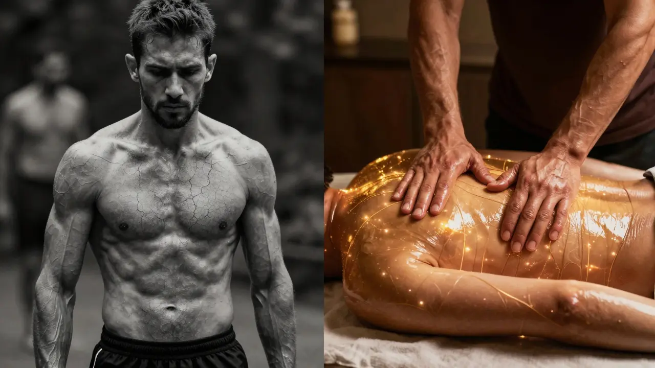 Split-image showing an athlete's transformation from tense to fluid movement after Thai massage.
