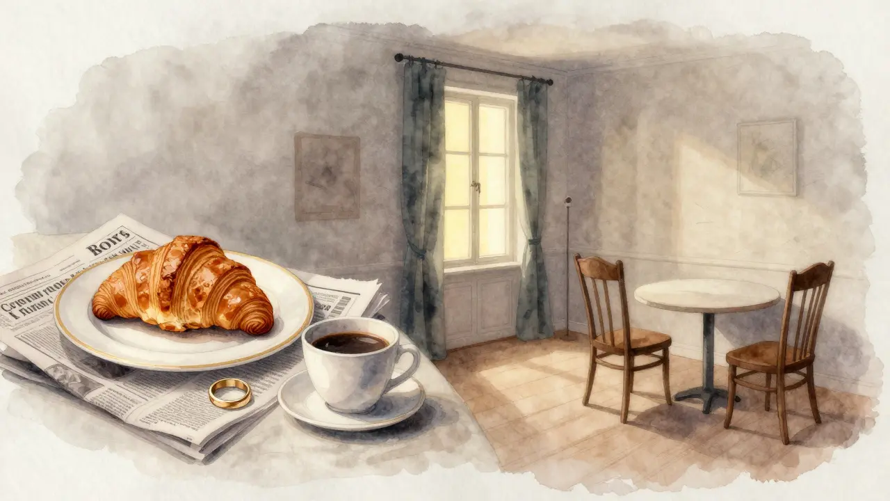 Symbolic Parisian rituals: croissant, wedding ring, and coffee cup on a newspaper in an empty room.
