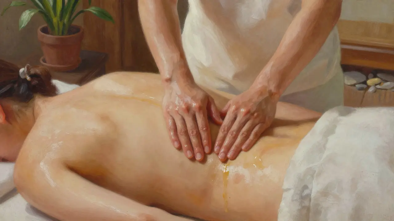 Therapist's hands gently glide over a client's bare skin during a naturist massage, with warm oil glistening in soft light.