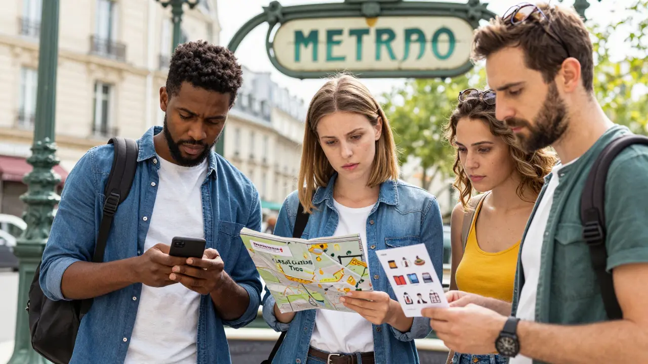 Tourists in Paris receive legal companionship advice from an NGO volunteer near a metro entrance.