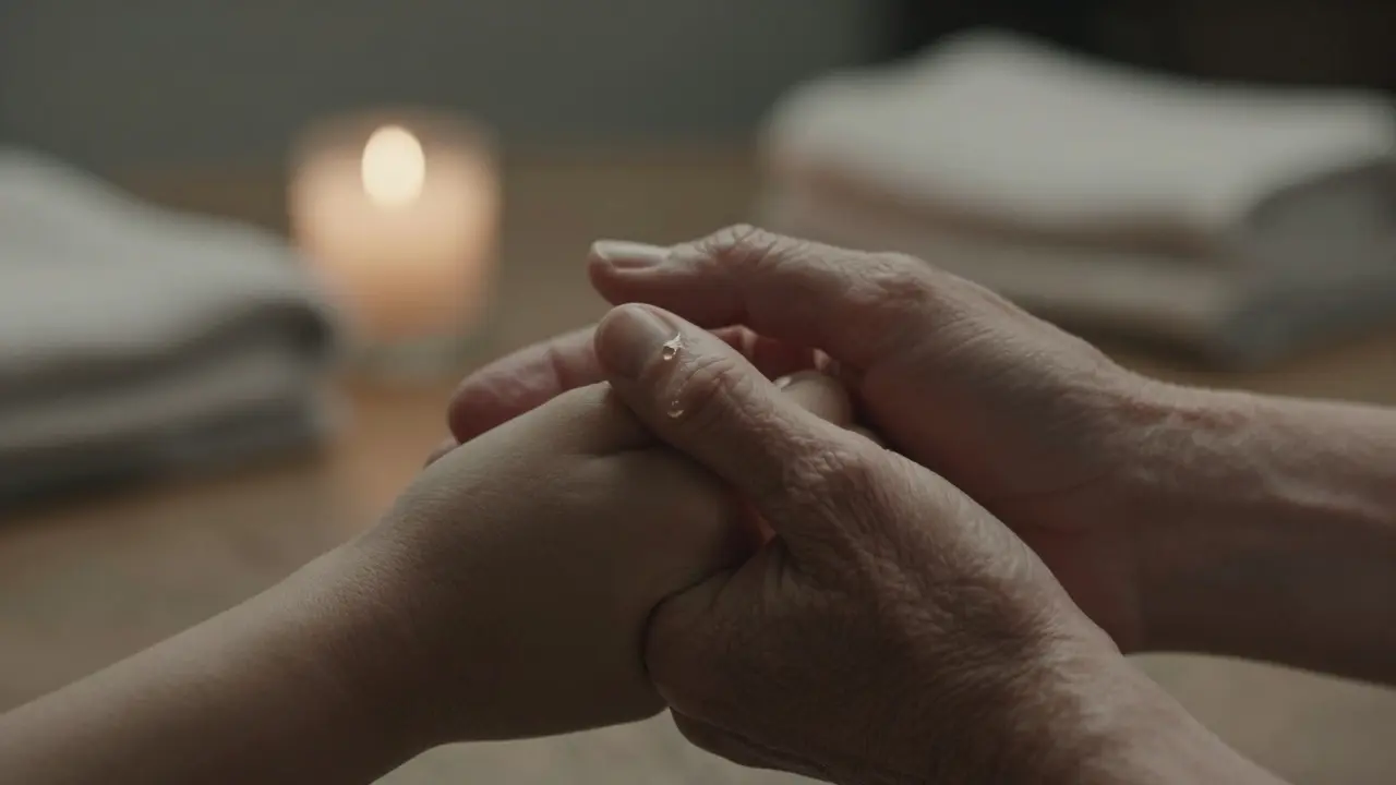 Two hands clasped together in dim light, symbolizing quiet, wordless connection.
