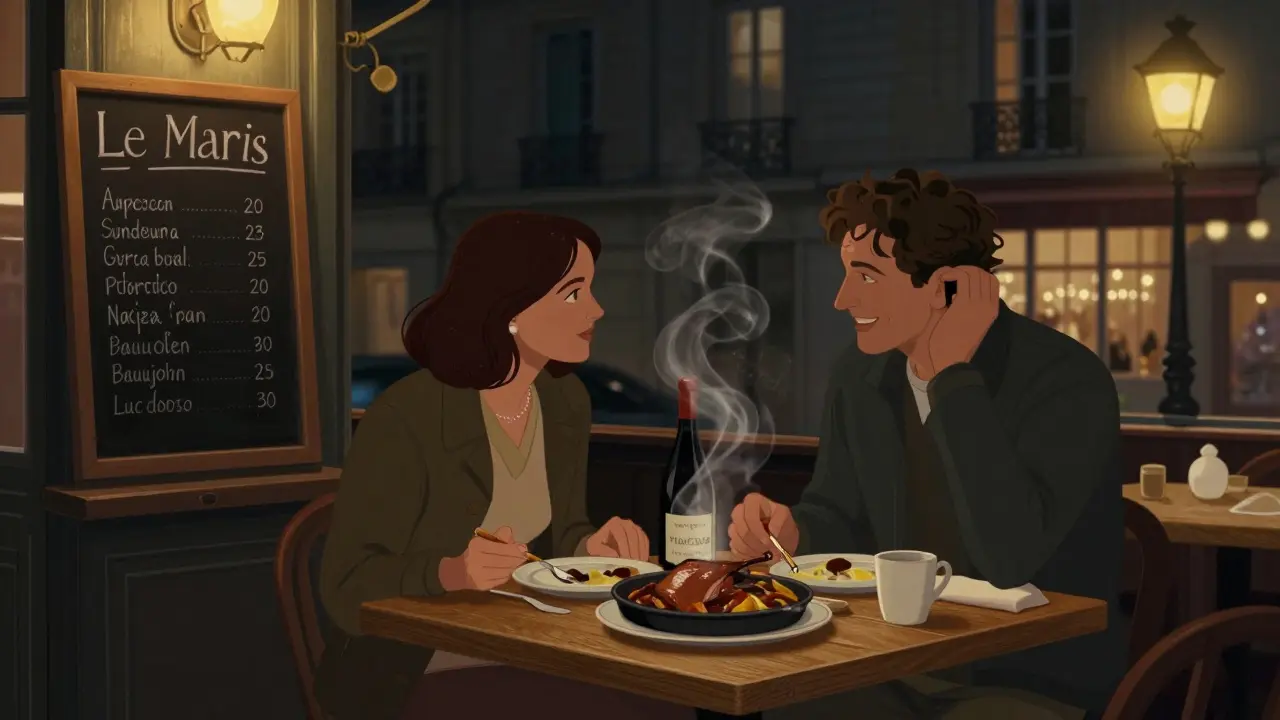 Two people dining in a cozy Parisian bistro, steam rising from food, soft streetlamp glow outside.