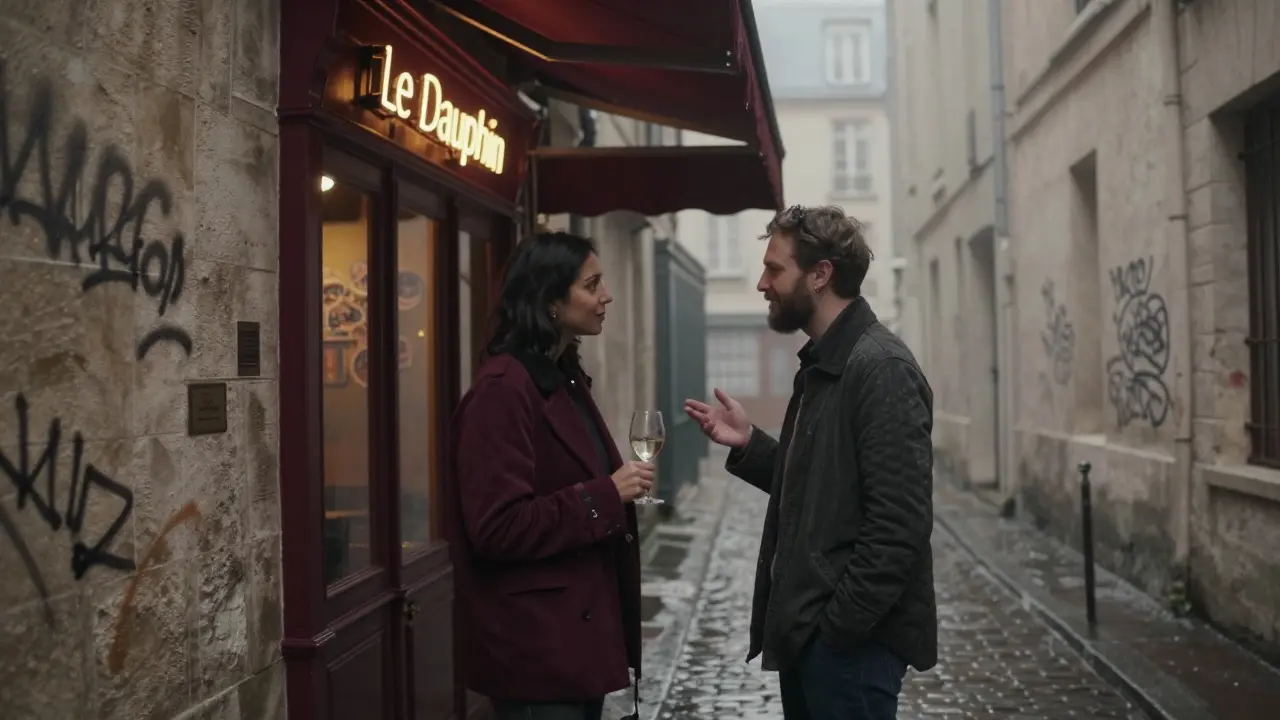 Two people sharing a quiet moment in a rainy Le Marais alley, wine glass in hand, neon bar sign glowing nearby.