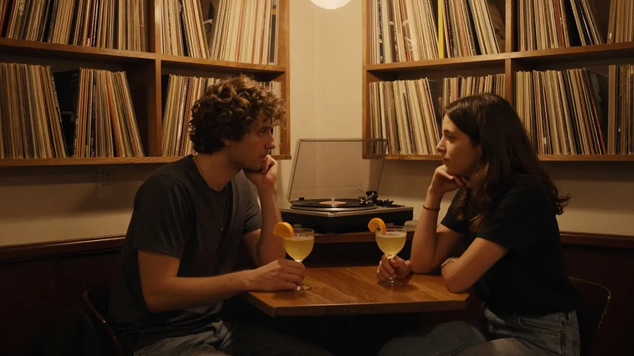 Two people sharing quiet intimacy in a vinyl bar, sipping cocktails as music plays softly from a turntable.