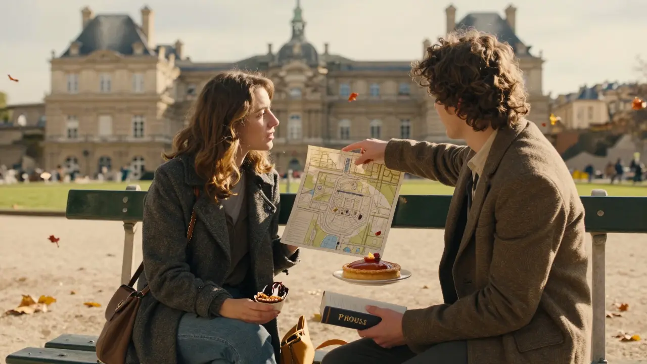 Two people sharing tarte tatin on a bench in Luxembourg Gardens, autumn leaves falling around them.