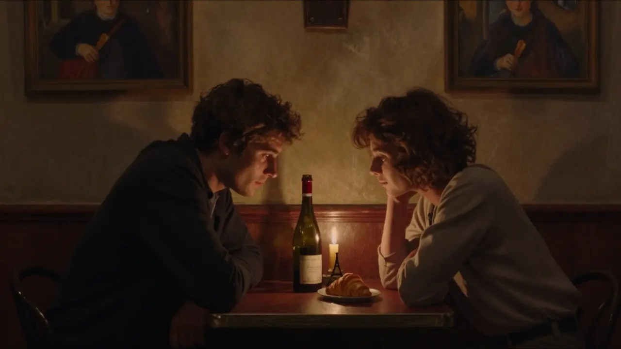 Two people sharing wine in a cozy Montmartre bar, a croissant shaped like the Eiffel Tower between them.
