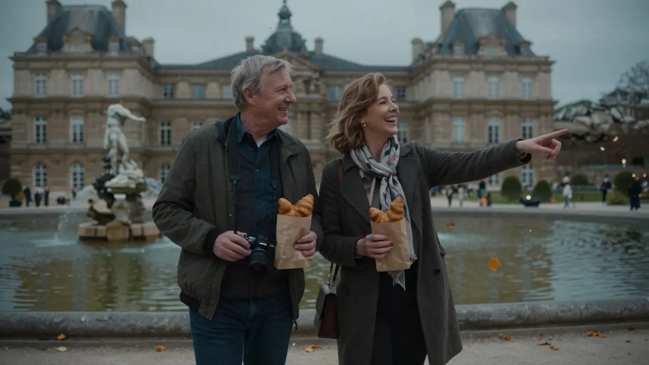 Two people walking through Luxembourg Gardens, sharing croissants at dusk.