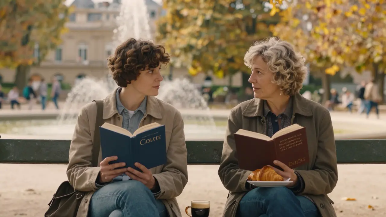 Two readers sitting side by side on a bench in Luxembourg Gardens, sharing a quiet autumn afternoon.