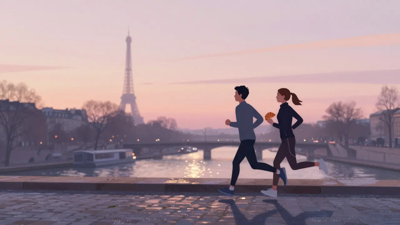 Two runners at sunrise along the Seine, one holding a croissant, with the Eiffel Tower in the distance.