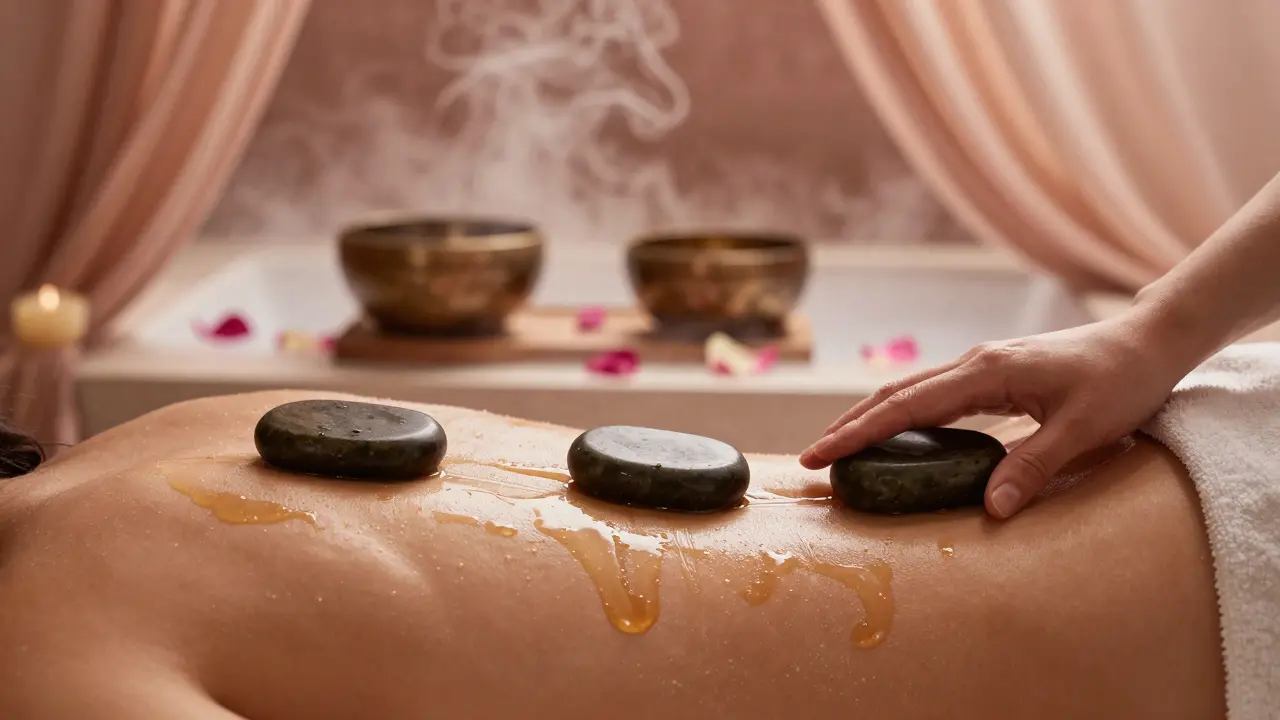 Warm stones glide over a glistening shoulder in a private spa treatment, surrounded by rose petals and mist.
