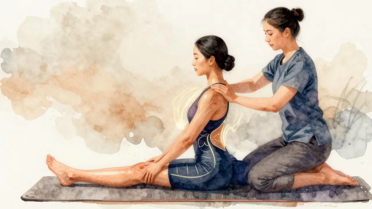 Watercolor illustration of a triathlete being guided into a deep hip stretch during Thai massage.