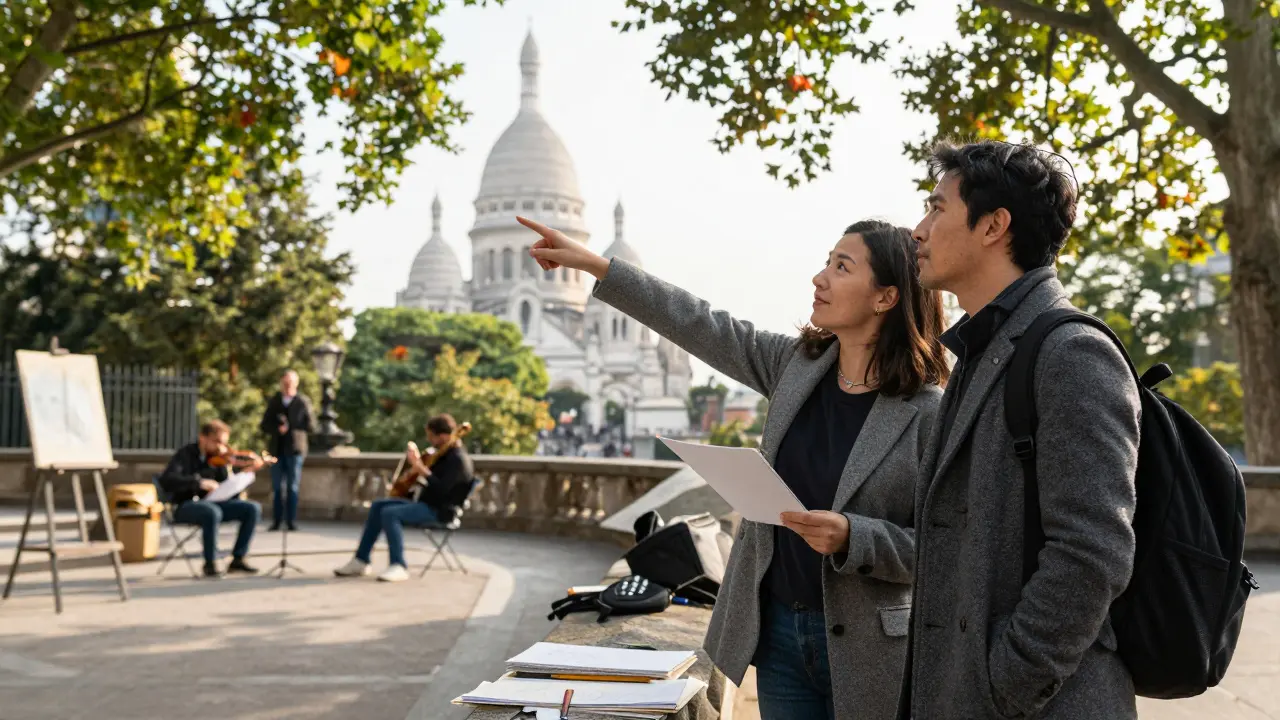 A companion shows a tourist a hidden artist's courtyard in Montmartre, Eiffel Tower in the distance.