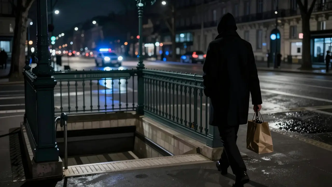 A figure walks away from a metro station near Luxembourg Gardens at night.