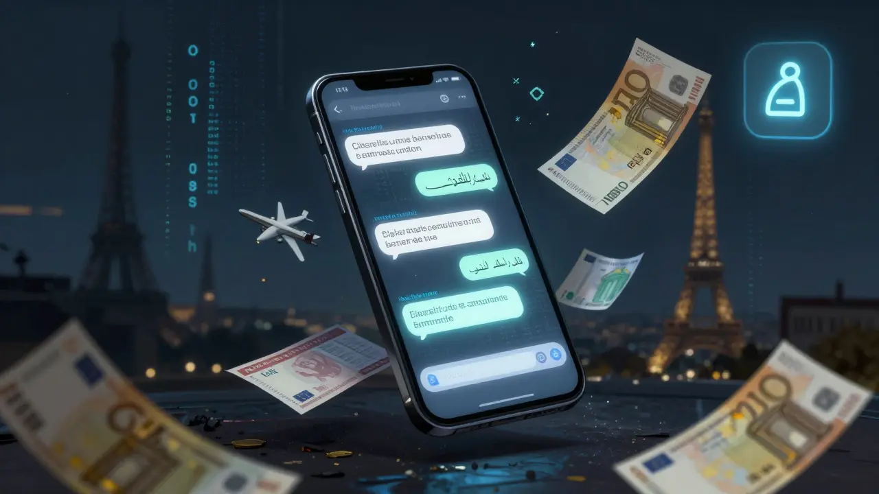 A floating smartphone screen with encrypted messages and travel documents, symbolizing digital survival in Paris's underground economy.