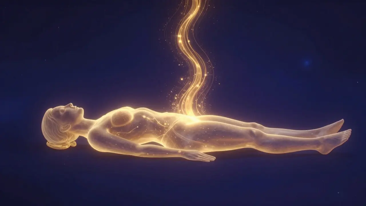A glowing energy wave moving up and down a human form, symbolizing tantric breathwork.