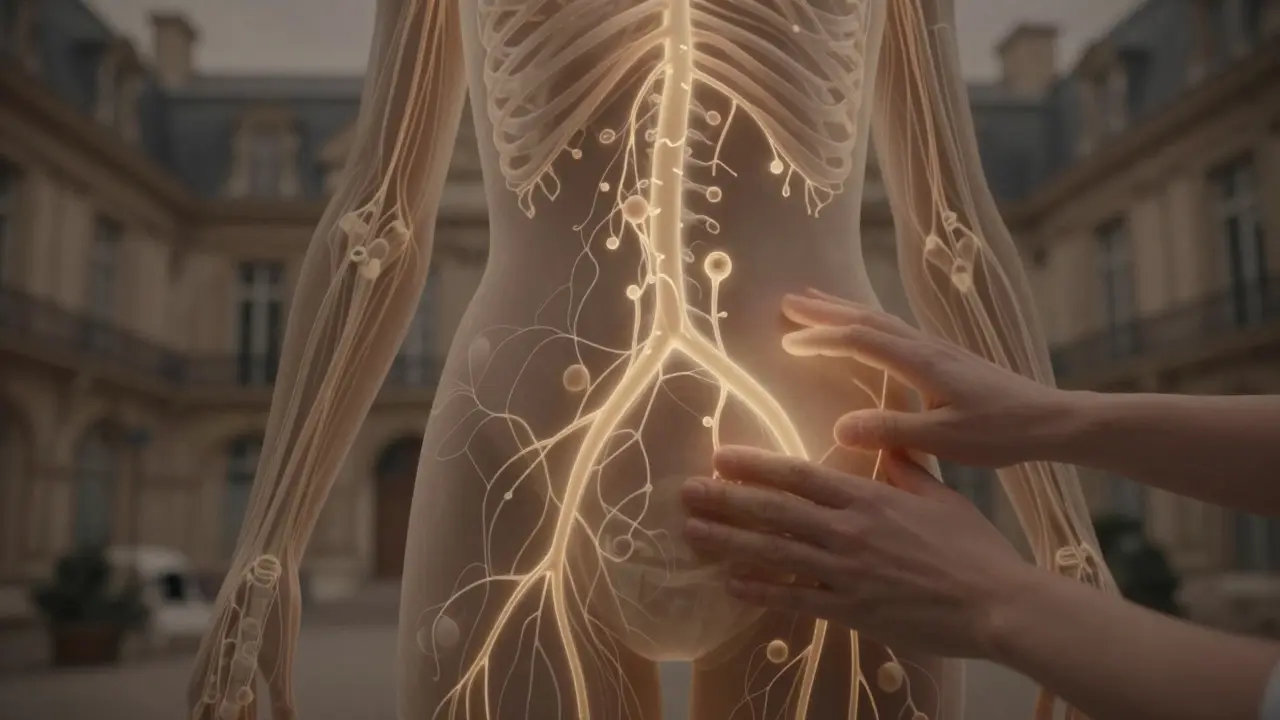 A glowing schematic of the lymphatic system with fluid flowing toward key nodes under a therapist's hands.