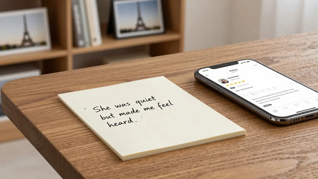 A handwritten review note beside a smartphone on a wooden table with bookshelf in background.