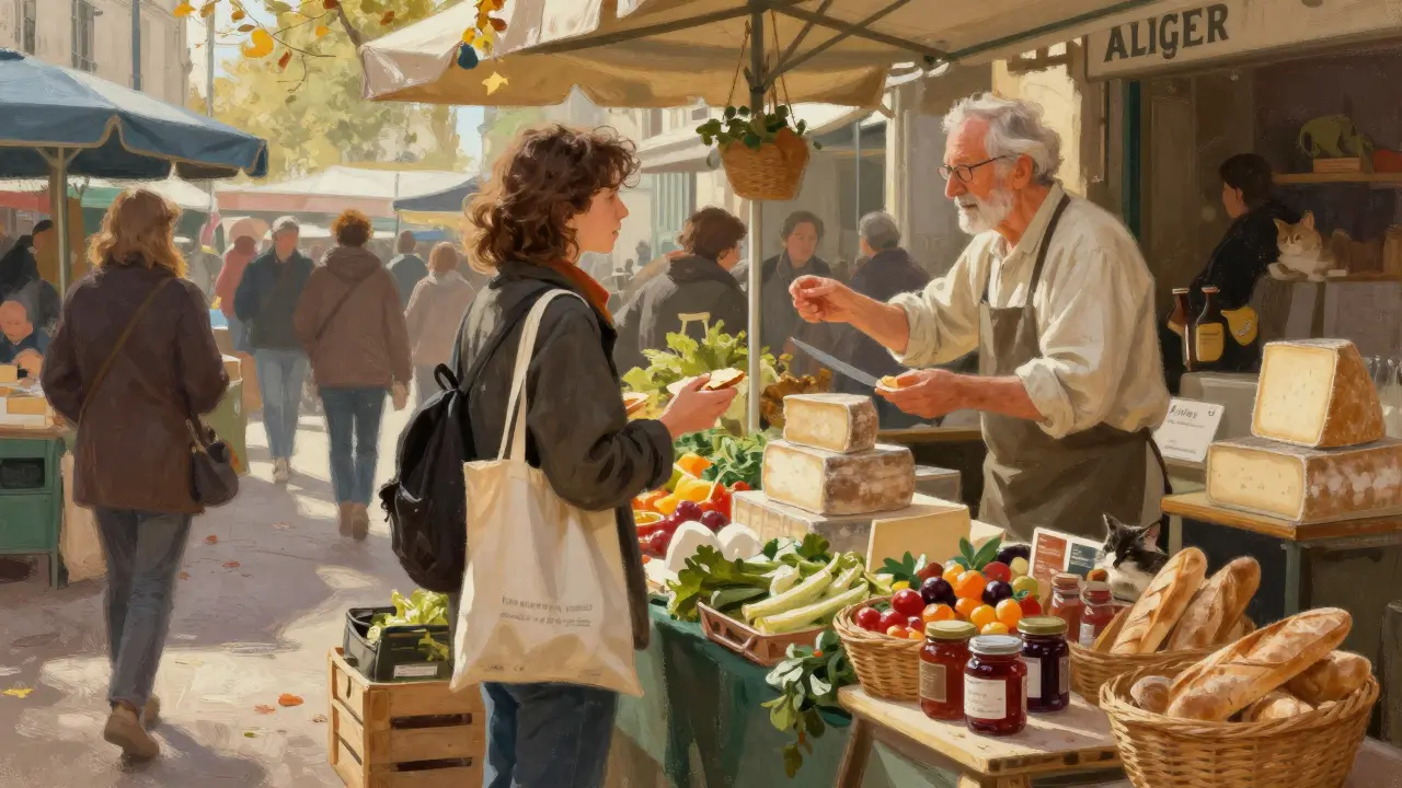 A local offering cheese at a bustling Paris market, with fresh produce all around.