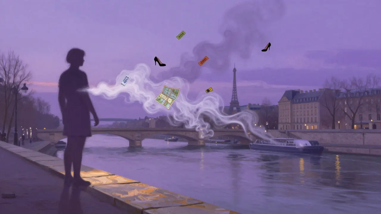 A person dissolving into lavender smoke and warm stones by the Seine, with travel icons melting away into the water at dusk.