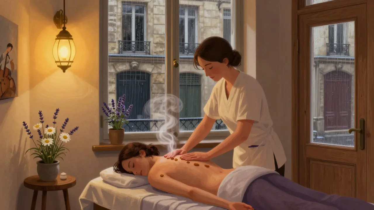 A quiet massage studio in Paris with soft lighting, therapist working on a client’s shoulders, lavender steam rising gently.