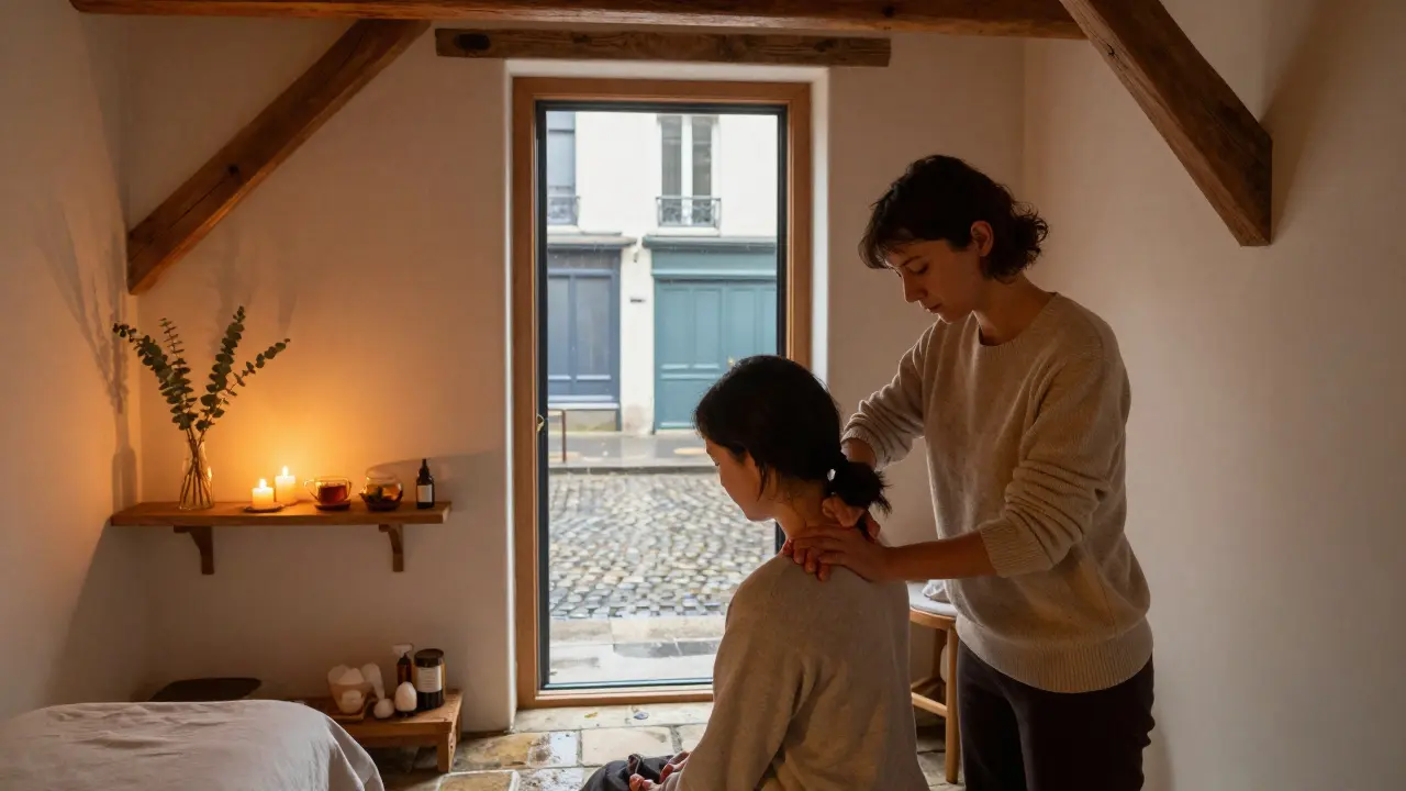 A quiet spa with wooden beams and candles, therapist applying deep pressure with herbal oil to tense shoulders.