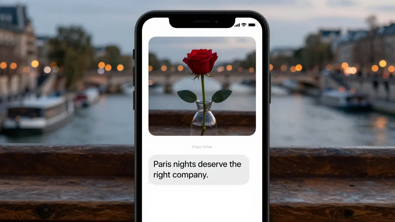A red rose in a glass vase on a windowsill with a cryptic message on a phone screen.