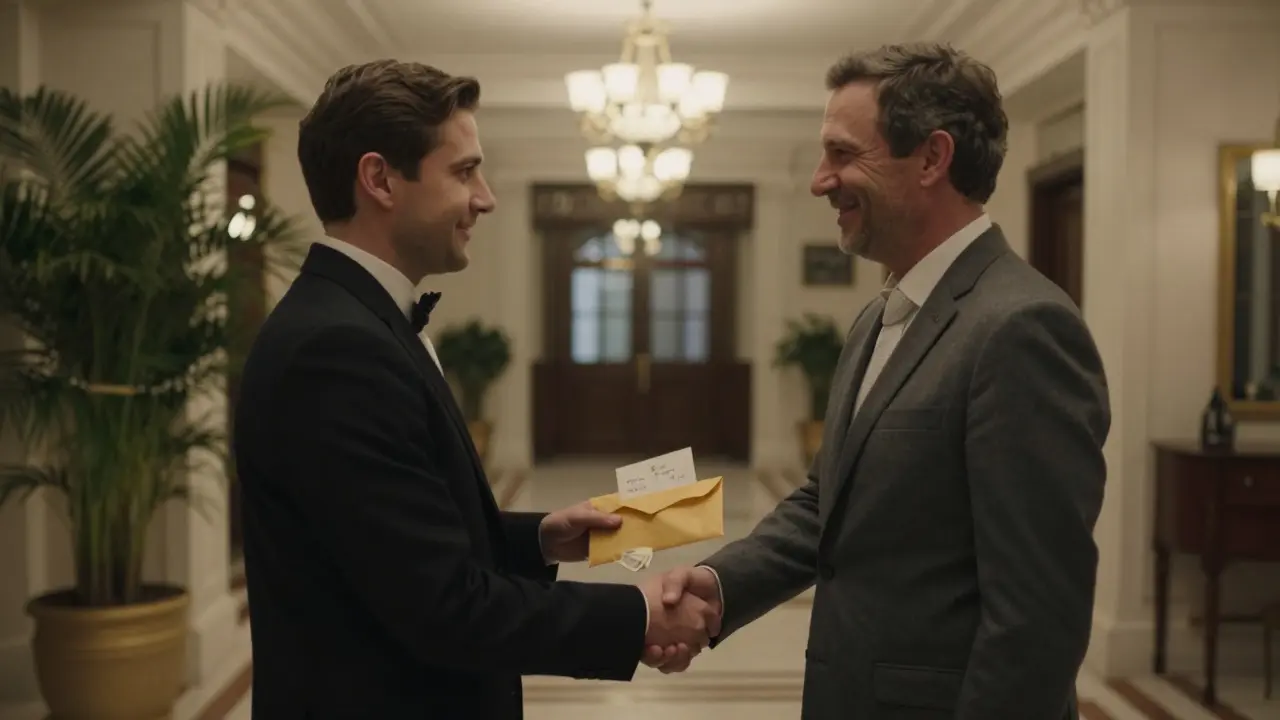 A respectful farewell in a Paris hotel lobby with cash and a handwritten note exchanged.