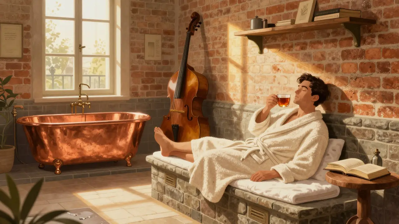 A retro-style spa with copper tubs and brick walls, client relaxing on a heated bench with ginger tea after a massage.