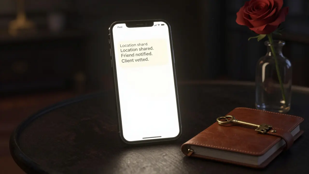 A smartphone screen showing a safety notification in a dim Parisian apartment, with a notebook and rose nearby.